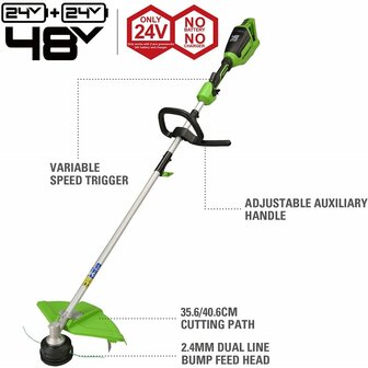 Greenworks 48-Volt Accu Trimmer/Kantensnijder/Bosmaaier,GD24X2TXK4X, Digipro motor incl. 2x 4AH accu &amp; Lader