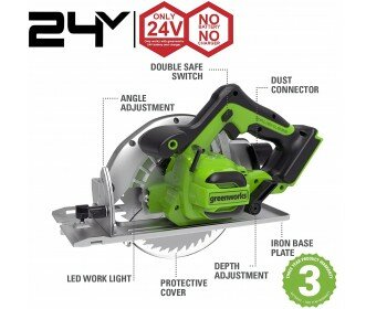 Greenworks 24 Volt Accu cirkelzaag GD24CSB2, zaagdiepte 63mm, geleverd incl. 1x 2.0 Ah Accu &amp; Lader